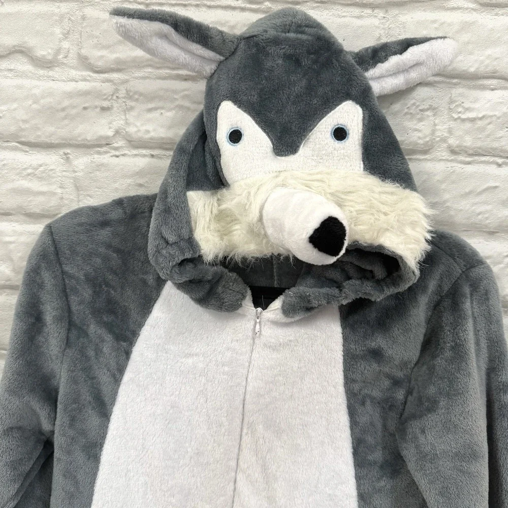 Kids Wolf One-Piece Halloween Costume Sz 6-10 Gray Warm Body Suit Fast Shipping!